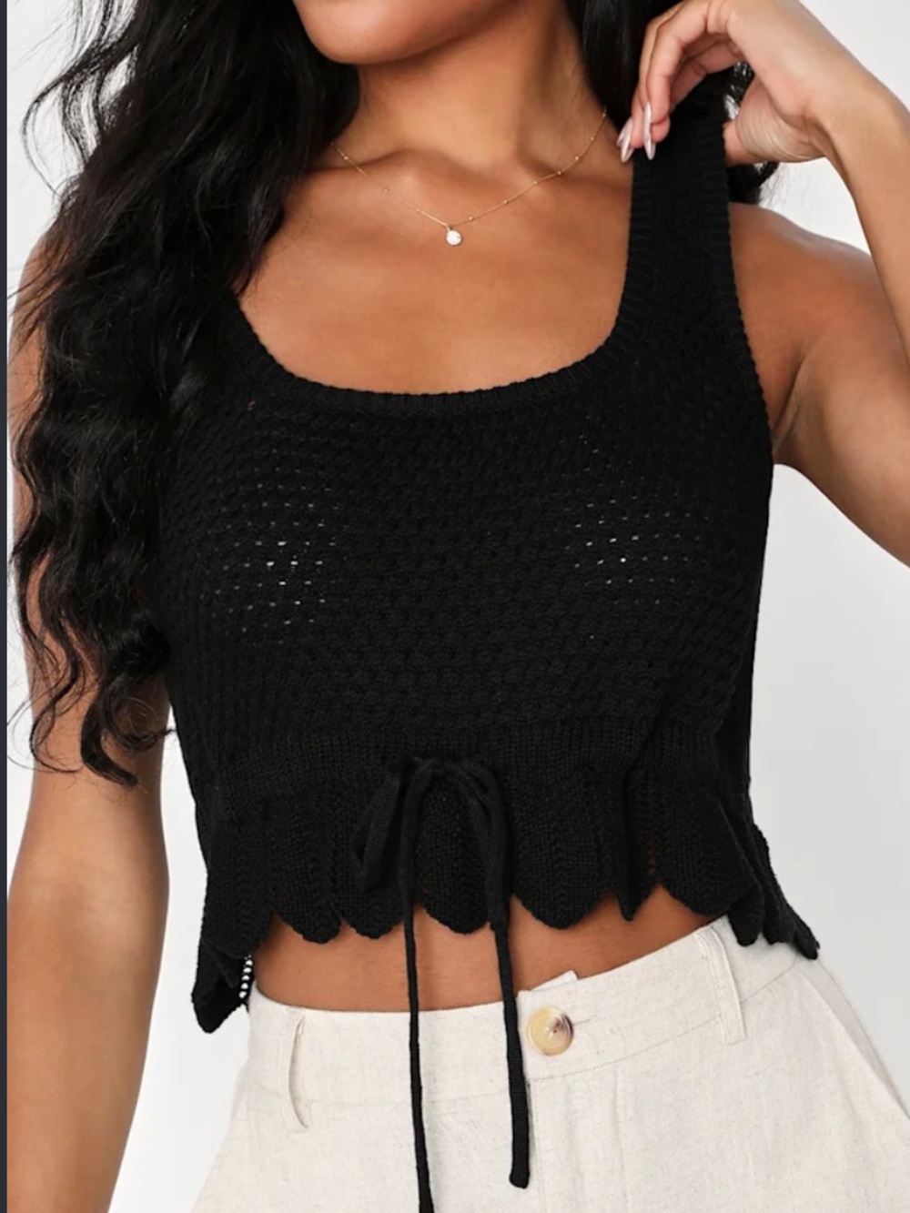 Lulus black crochet tank top with tie at the bottom